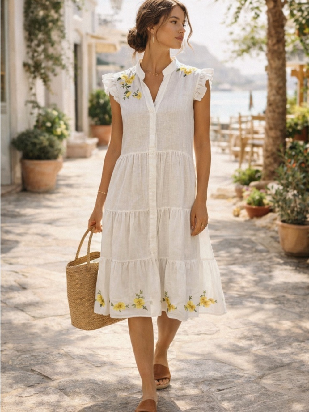 Saks Fifth Avenue Linen Embroidered Dress White Tiered Ruffle Sleeve Size Med